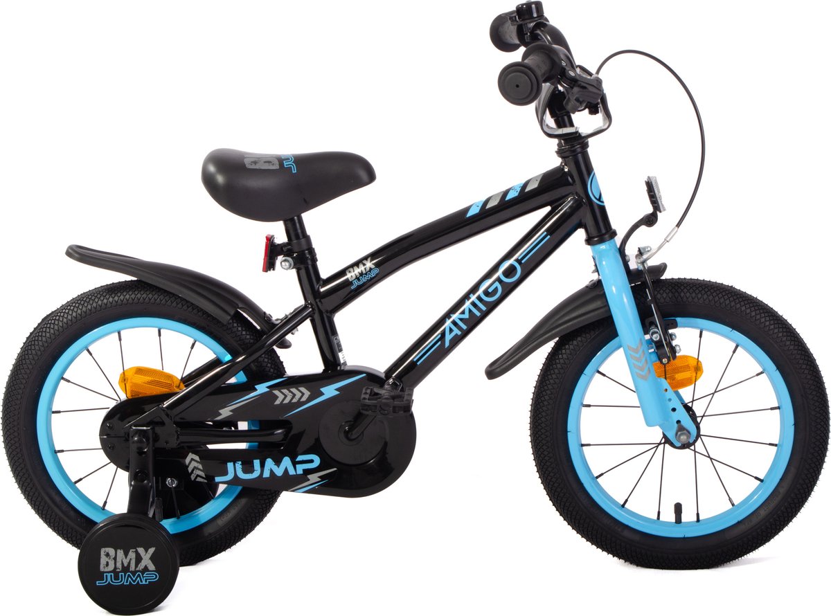 AMIGO BMX Jump Jongensfiets 14 Inch - Kinderfiets voor 3 tot 5 Jaar - 95-110 cm - Met Zijwieltjes - Zwart/Blauw Kinderfiets kopen online