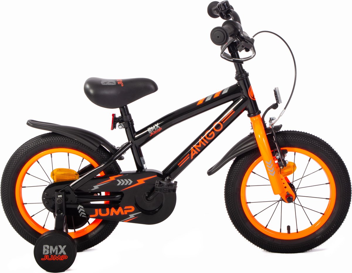 amigo bmx jump jongensfiets 14 inch kinderfiets voor 3 tot 5 jaar 95 110 cm met zijwieltjes zwart oranje