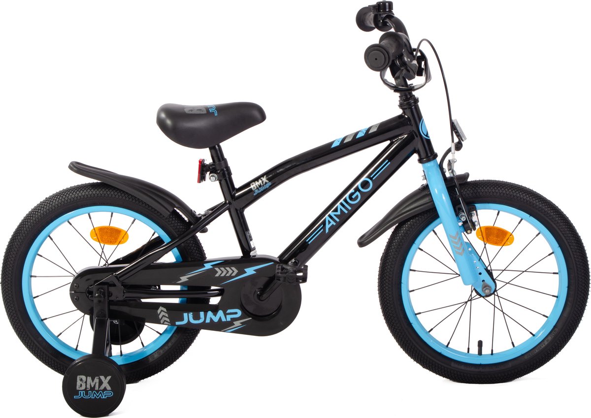 AMIGO BMX Jump Jongensfiets 16 Inch - Kinderfiets voor 4 tot 6 Jaar - 100-115 cm - Met Zijwieltjes - Zwart/Blauw Kinderfiets kopen online