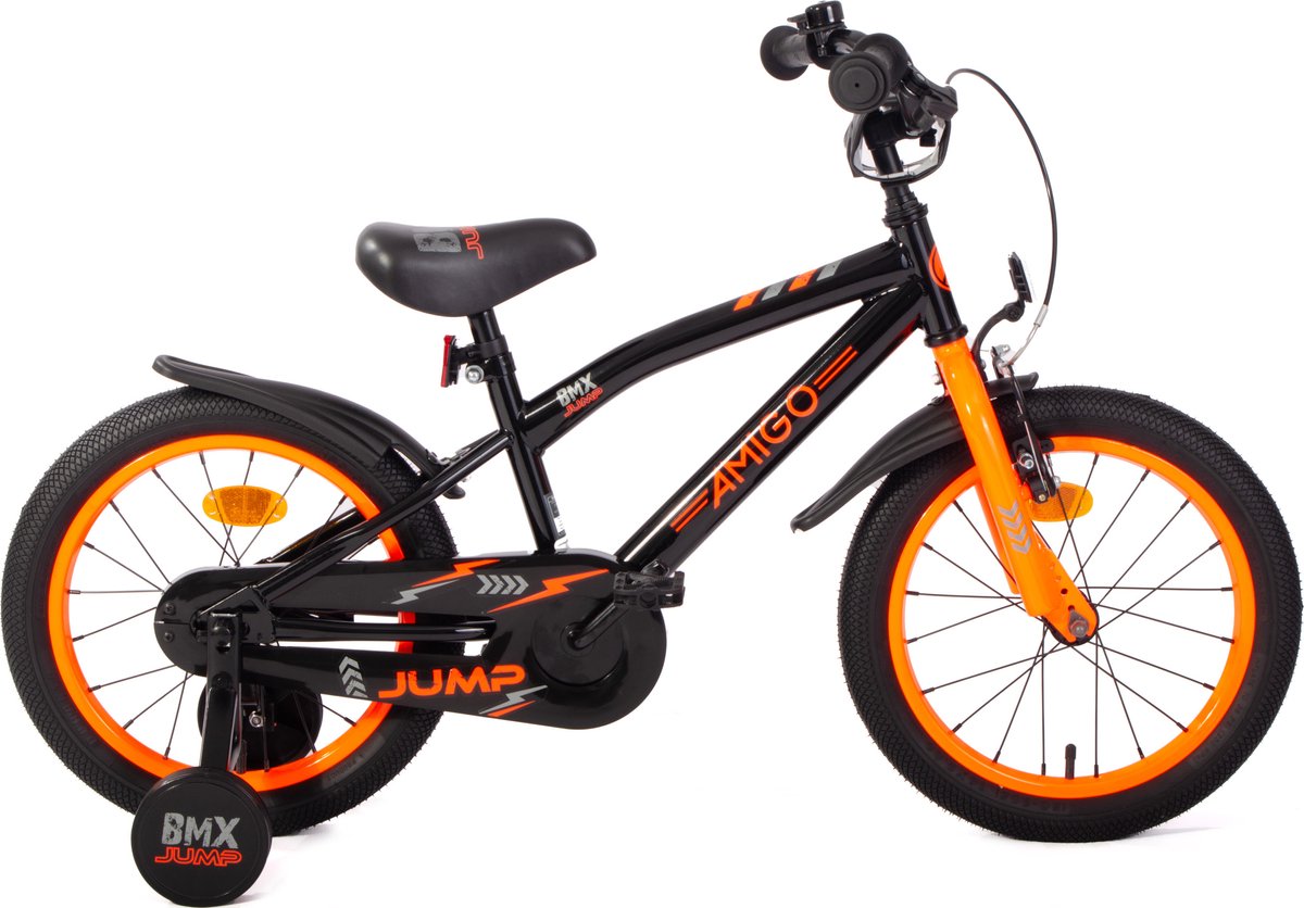 amigo bmx jump jongensfiets 16 inch kinderfiets voor 4 tot 6 jaar 100 115 cm met zijwieltjes zwart oranje