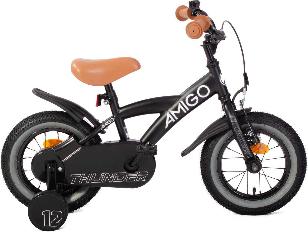 amigo thunder jongensfiets 12 inch kinderfiets voor 2 tot 4 jaar 90 105 cm met zijwieltjes zwart wit