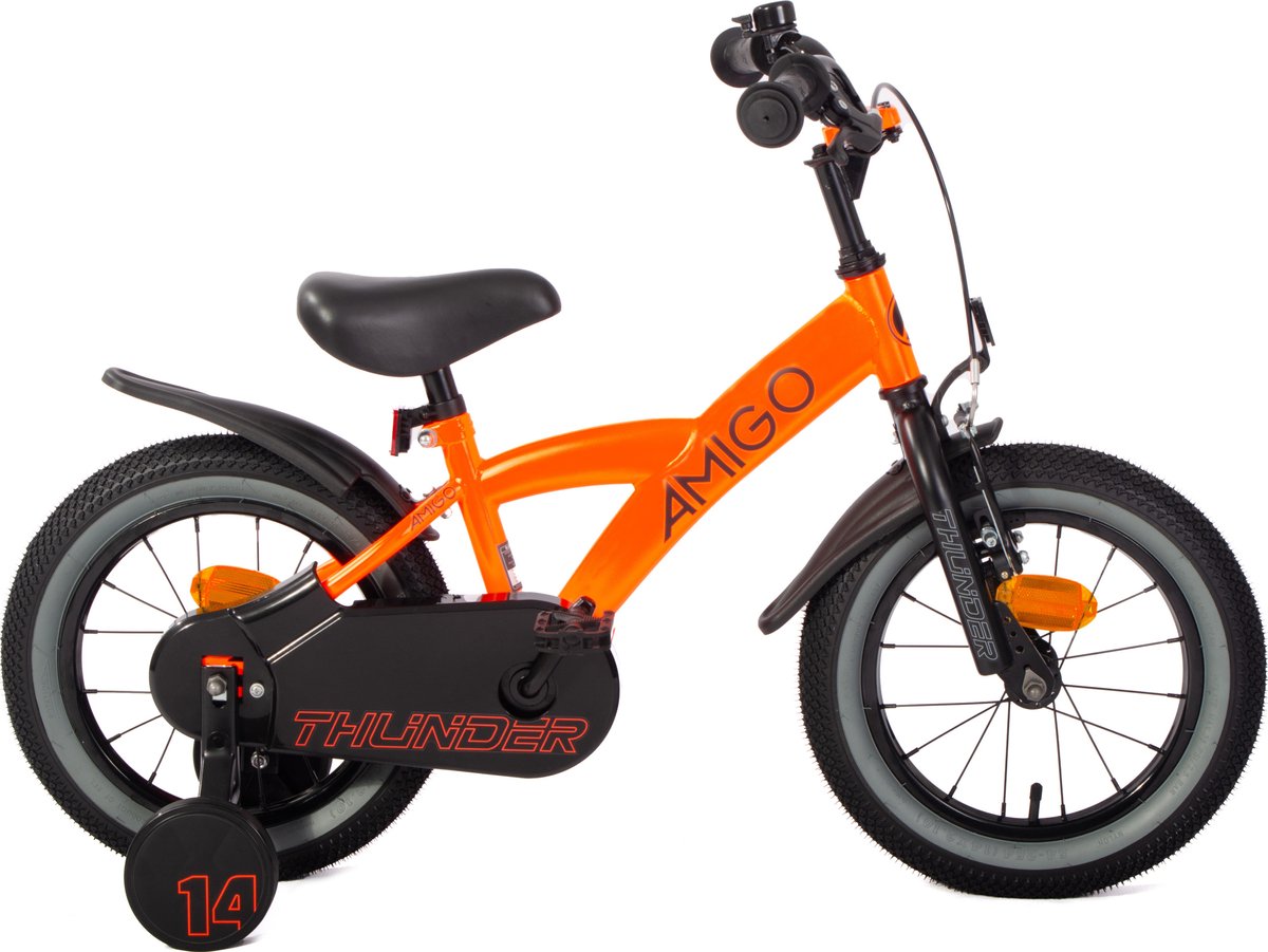 amigo thunder jongensfiets 14 inch kinderfiets voor 3 tot 5 jaar 95 110 cm met zijwieltjes oranje zwart