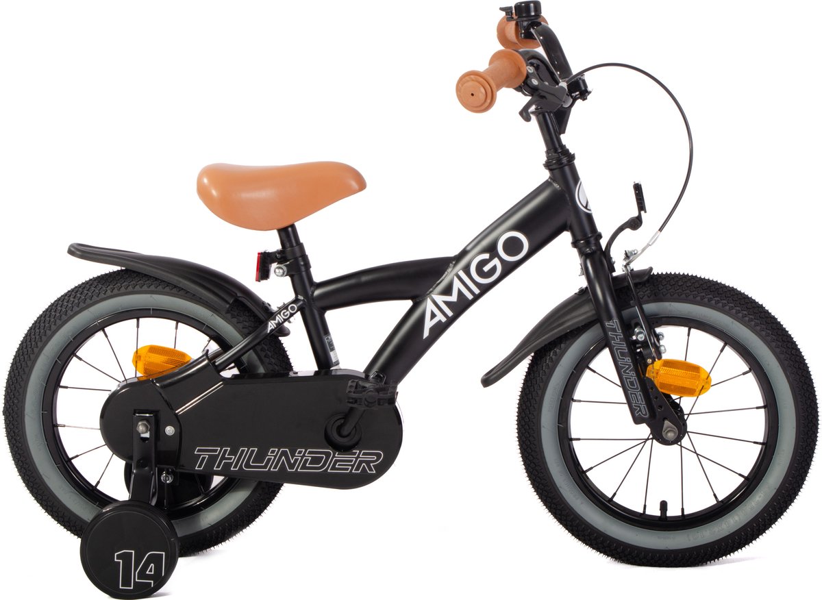 amigo thunder jongensfiets 14 inch kinderfiets voor 3 tot 5 jaar 95 110 cm met zijwieltjes zwart wit