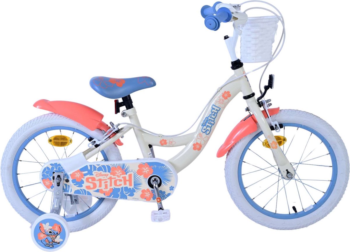 disney stitch kinderfiets meisjes 16 inch cr me koraal blauw twee handremmen