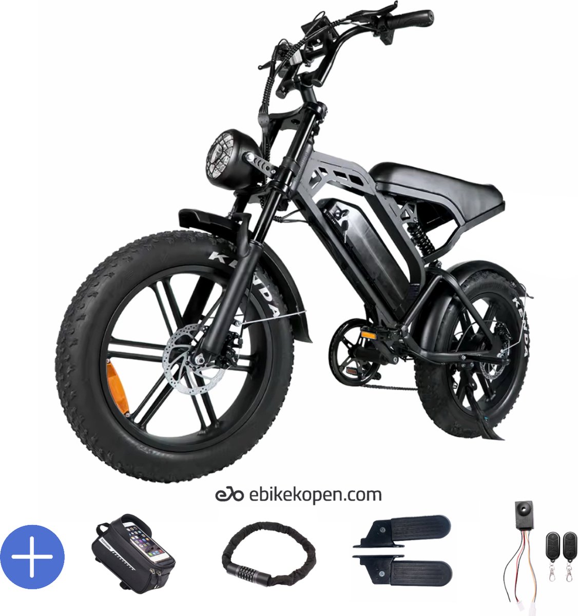 Ebikekopen.com Fatbike V20 Pro - Met Slot - Straatlegaal - Alarmsysteem - Fatbike - Elektrische Fiets - Begrenzer - Met Accessoires - Voetensteuntjes - 2024 Model Fiets (elektrisch) kopen online