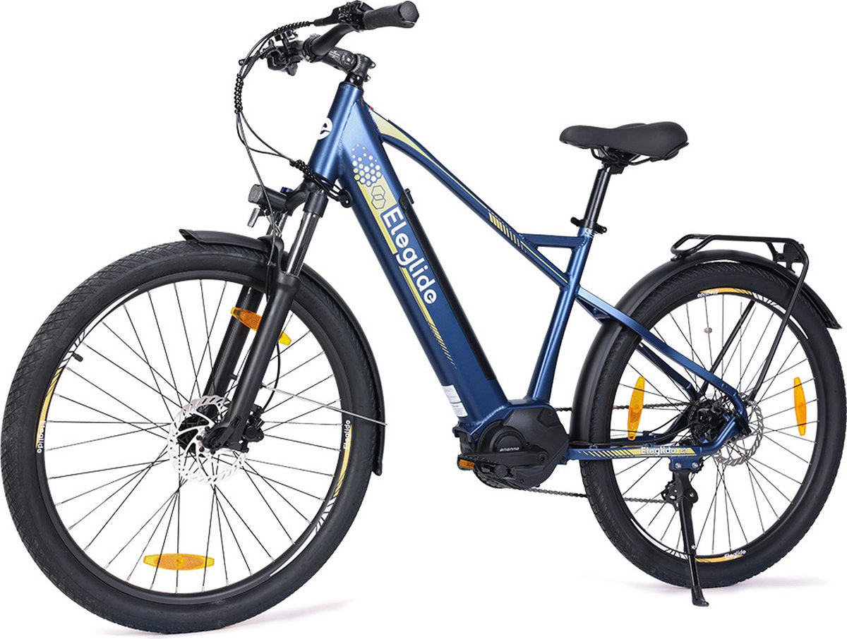 eleglide c1 27 5 inch trekkingfiets met 250w ananda mid drive motor 14 5ah accu max 150km actieradius hydraulische vering en hydraulische schijfremmen shimano 7 versnellingen blauw