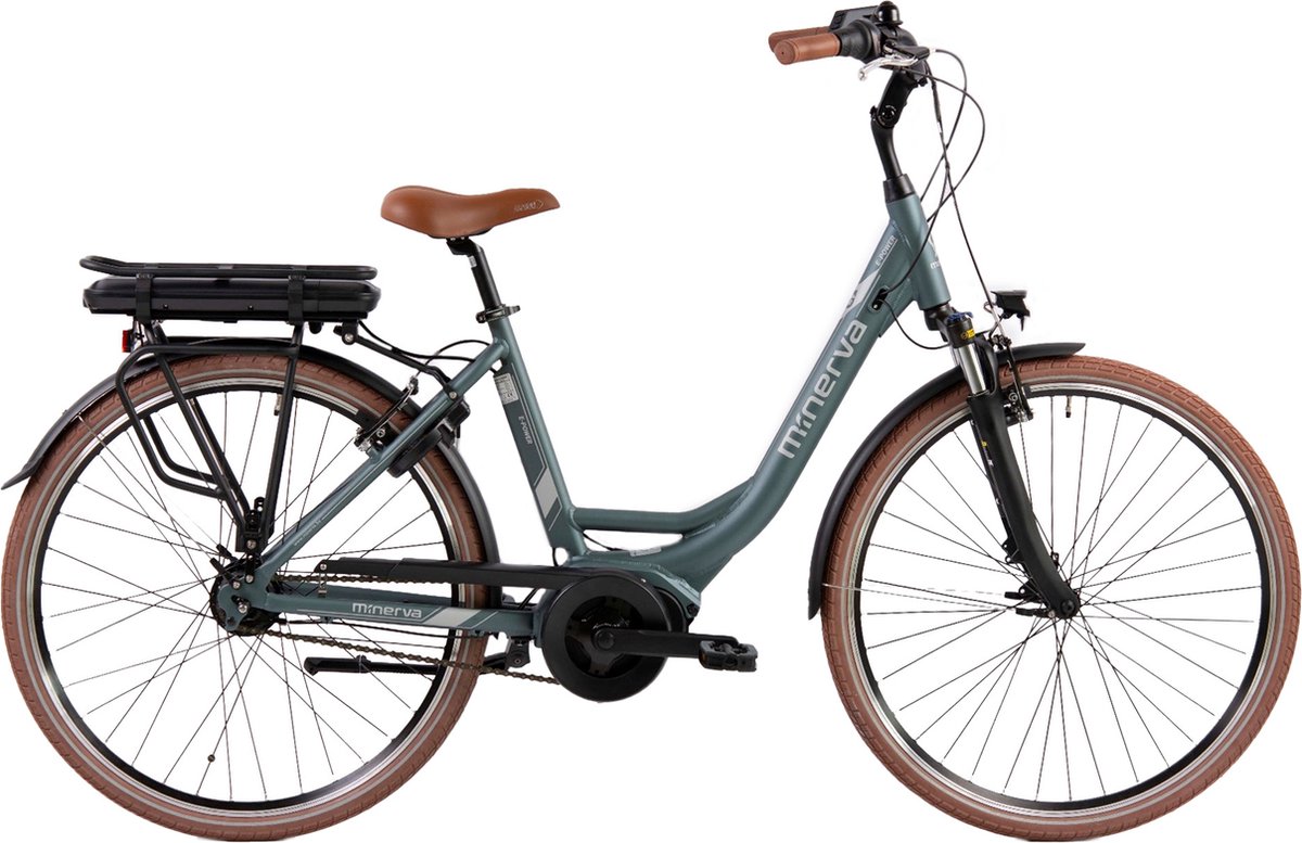 Minerva E-Power Elektrische Stadsfiets 28 Inch - Middenmotor - E-bike 49 cm - Damesfiets - 8 Versnellingen - V-Brakes - Matgroen Fiets (elektrisch) kopen online