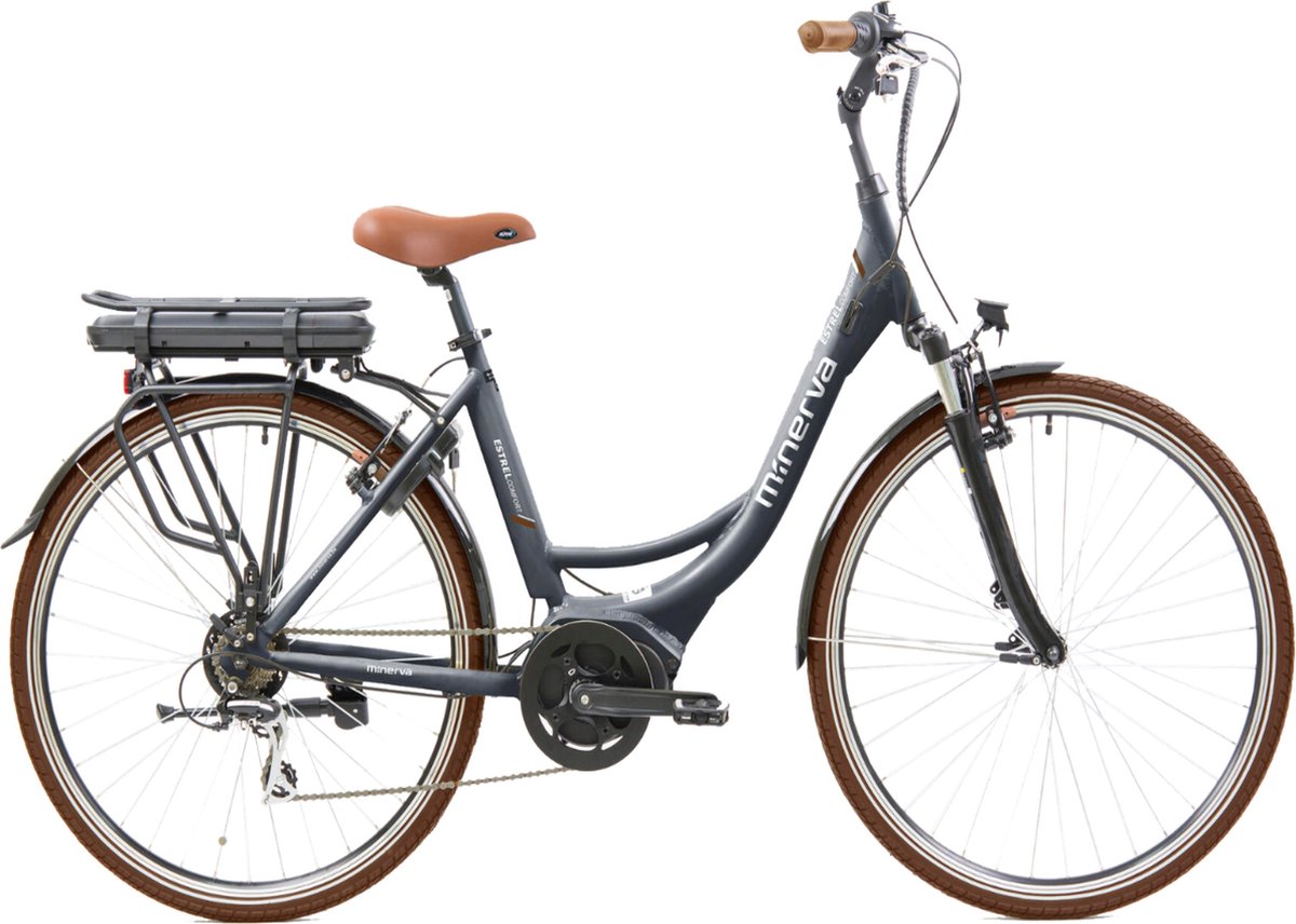 Minerva E-Power Elektrische Stadsfiets 28 Inch - Middenmotor - E-bike 49 cm - Damesfiets - 9 Versnellingen - V-Brakes - Zwart Fiets (elektrisch) kopen online
