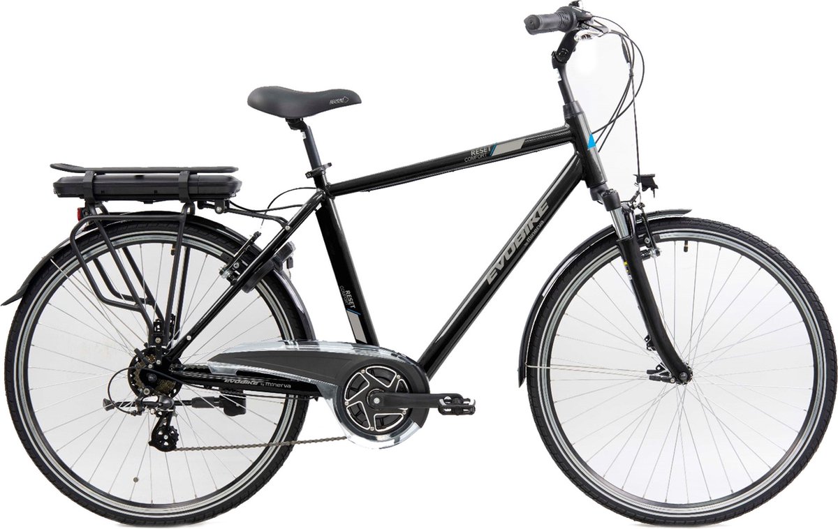 minerva evobike elektrische fiets 28 inch e bike 53 cm middenmotor herenfiets 7 versnellingen v brakes zwart