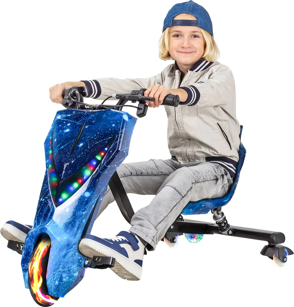 play on elektrische drift trike galaxy blauw incl bluetooth speakers led verlichting 15 20km h drifttrike