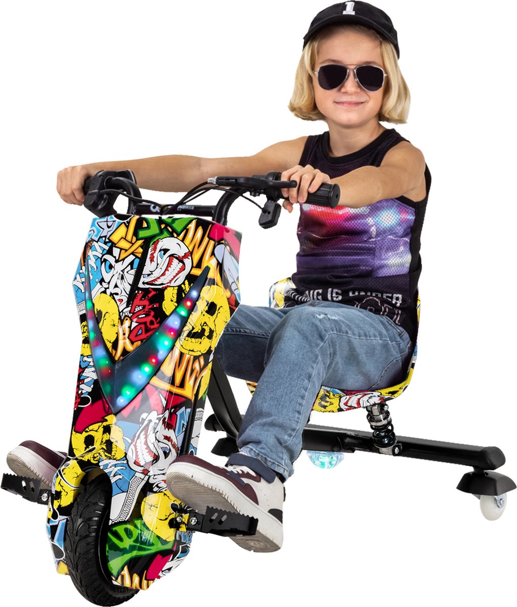 Play-on - Elektrische Drift Trike - Gele Graffiti - incl. Bluetooth speakers, LED-Verlichting - 15/20KM/H - DriftTrike - Drift Trikes kopen online