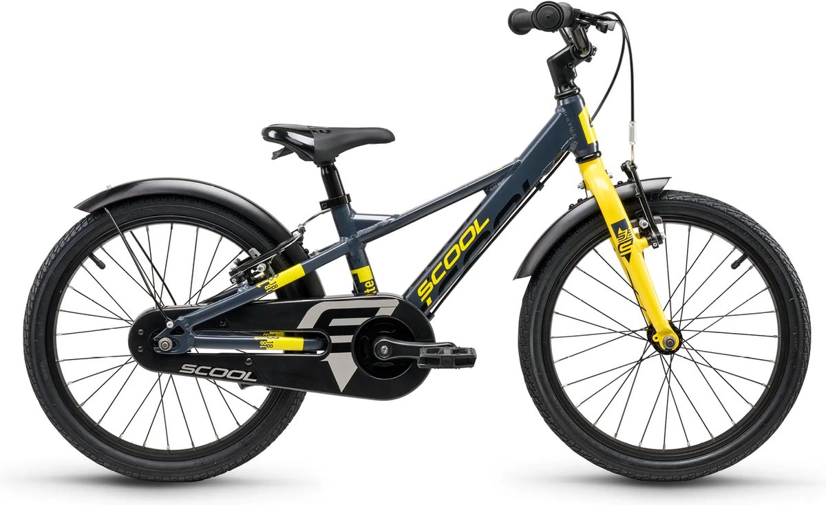 Scool XXlite EVO 18 inch 1 speed vrijloop naaf, donkergrijs/geel Kinderfiets kopen online