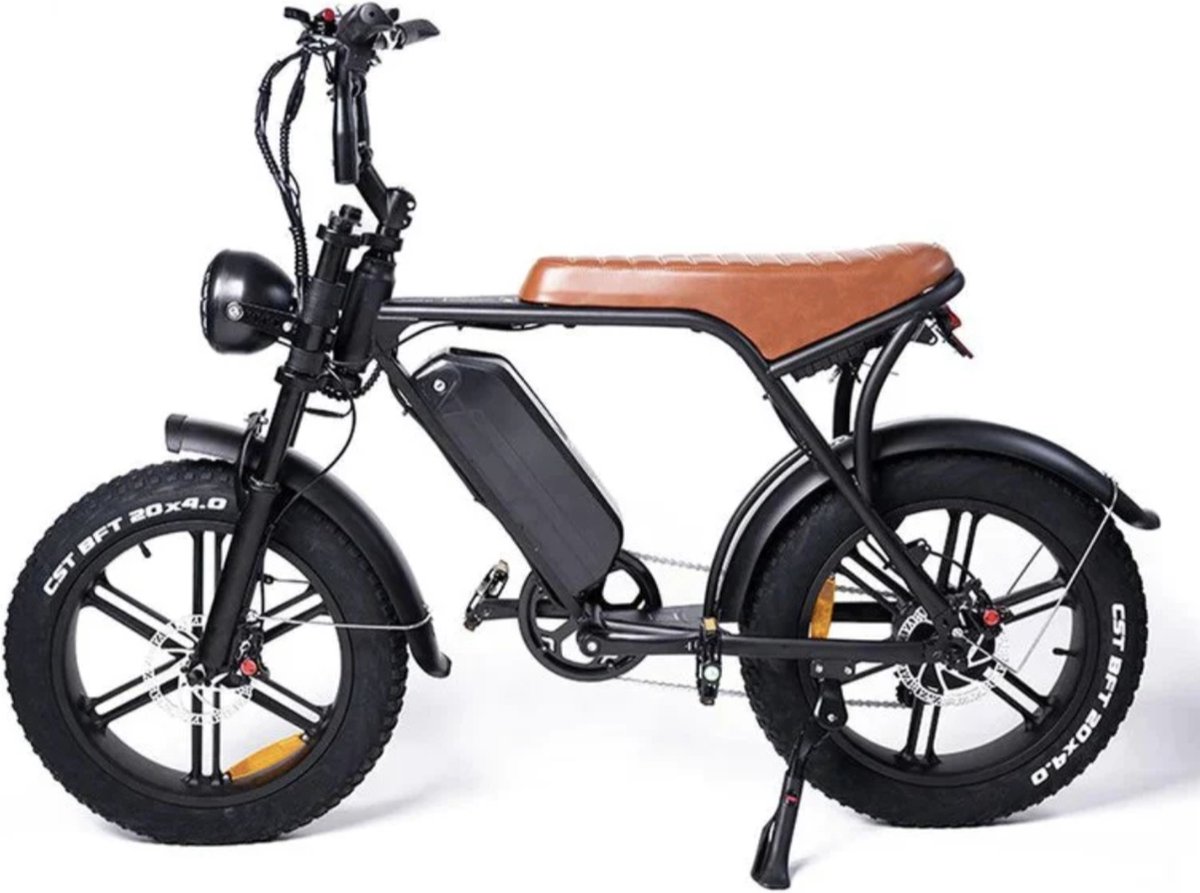 vilolux fatbike electrisch fatbike v8 pro bruin zadel legaal rijklaar niet opvoerbare fatbikes 2 jaar garantie telefoontasje hydraulische remmen alarm zwart