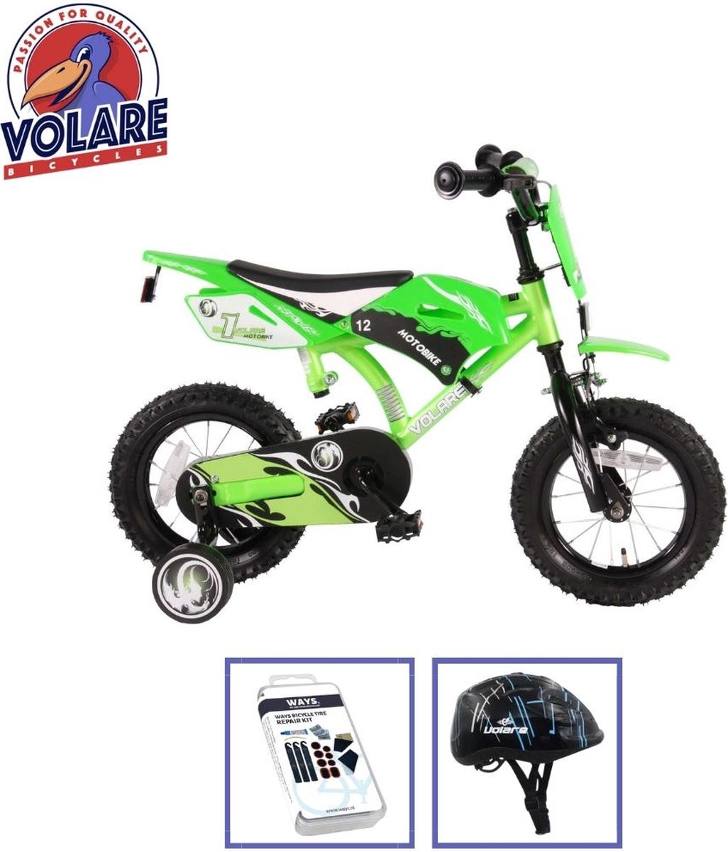volare kinderfiets motorbike 12 inch groen met fietshelm accessoires