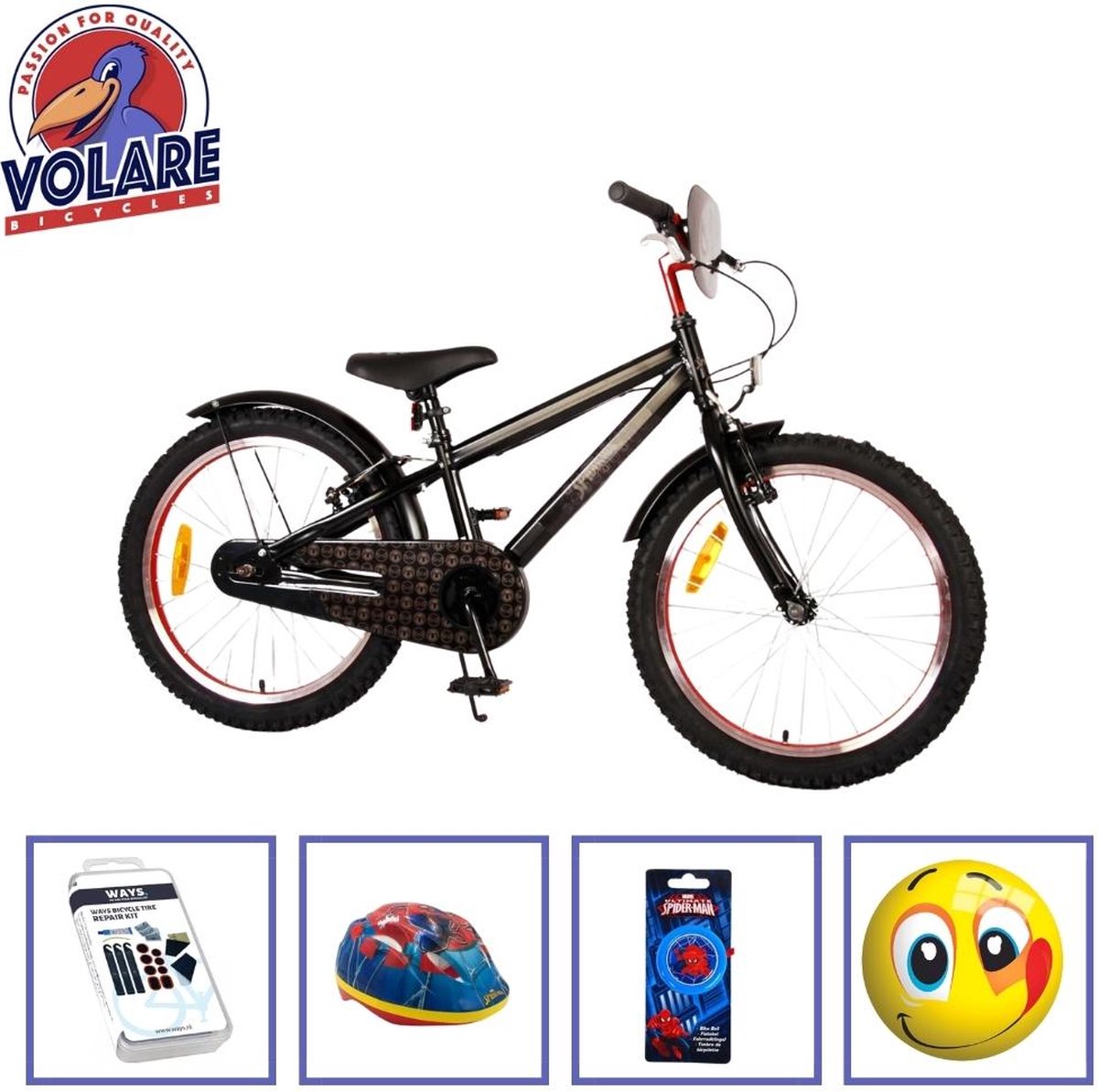 Volare Kinderfiets Spider-Man - 20 inch - Zwart - Twee handremmen - Inclusief fietshelm en accessoires Kinderfiets kopen online