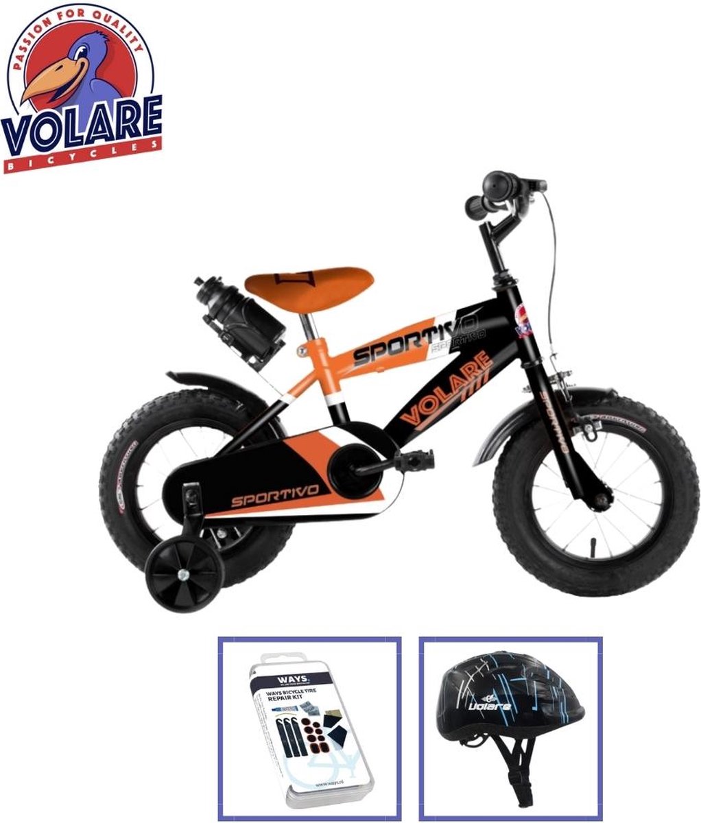volare kinderfiets sportivo 12 inch oranje zwart met fietshelm accessoires