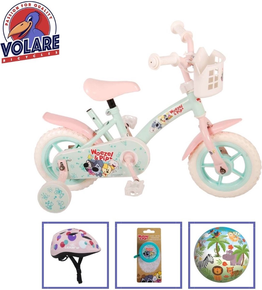volare kinderfiets woezel pip 10 inch doortrapper inclusief fietshelm en accessoires