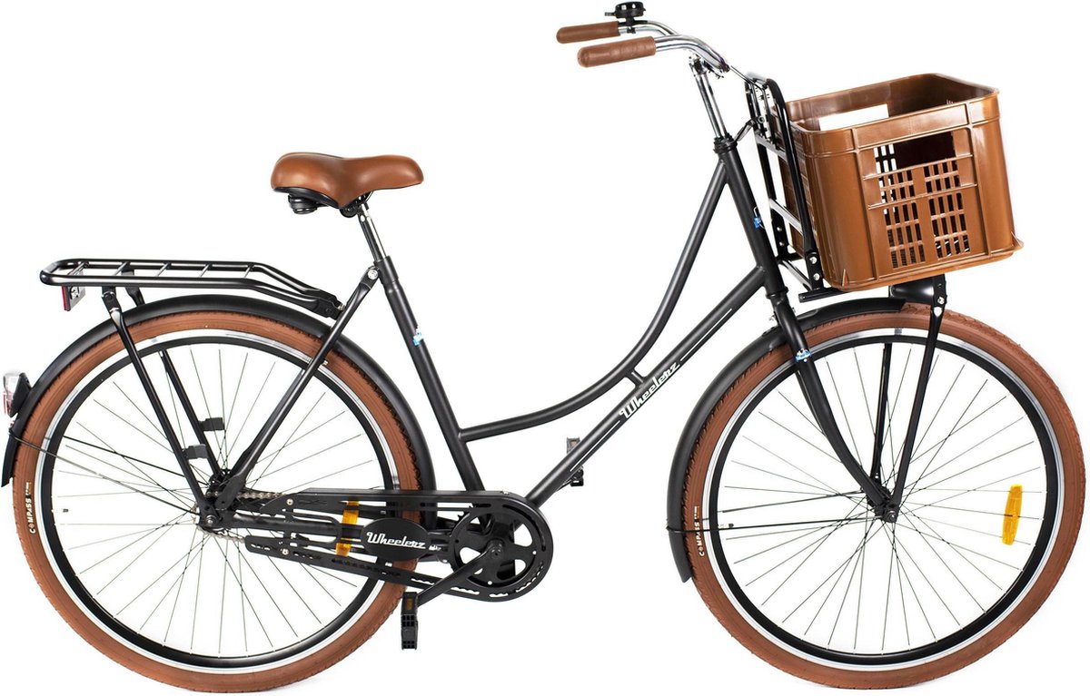 wheelerz omafiets classic 28 inch matzwart inclusief voordrager krat