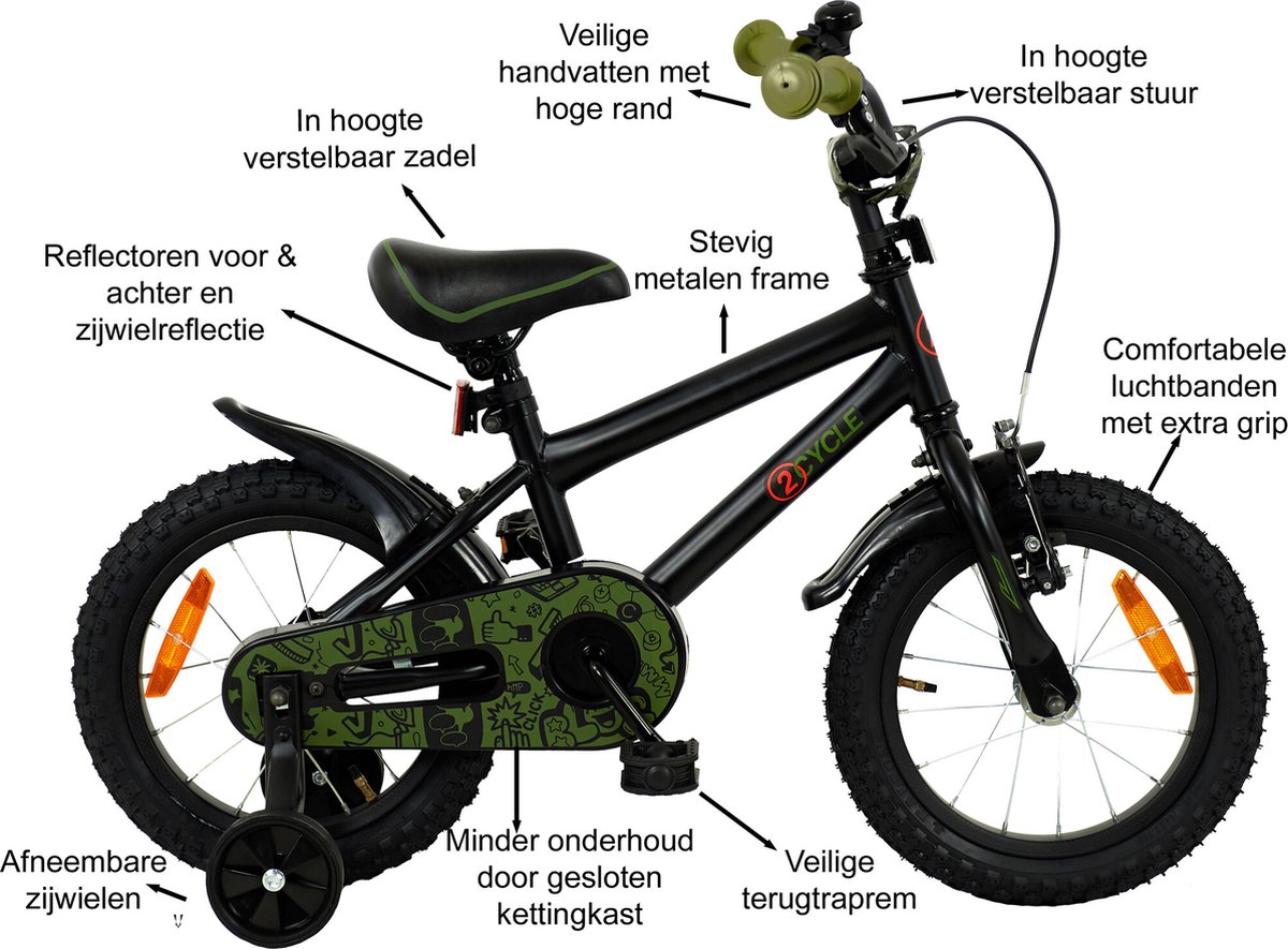2Cycle BMX - Kinderfiets - 14 inch - Zwart-Groen - Jongensfiets - 14 inch fiets Kinderfiets kopen online