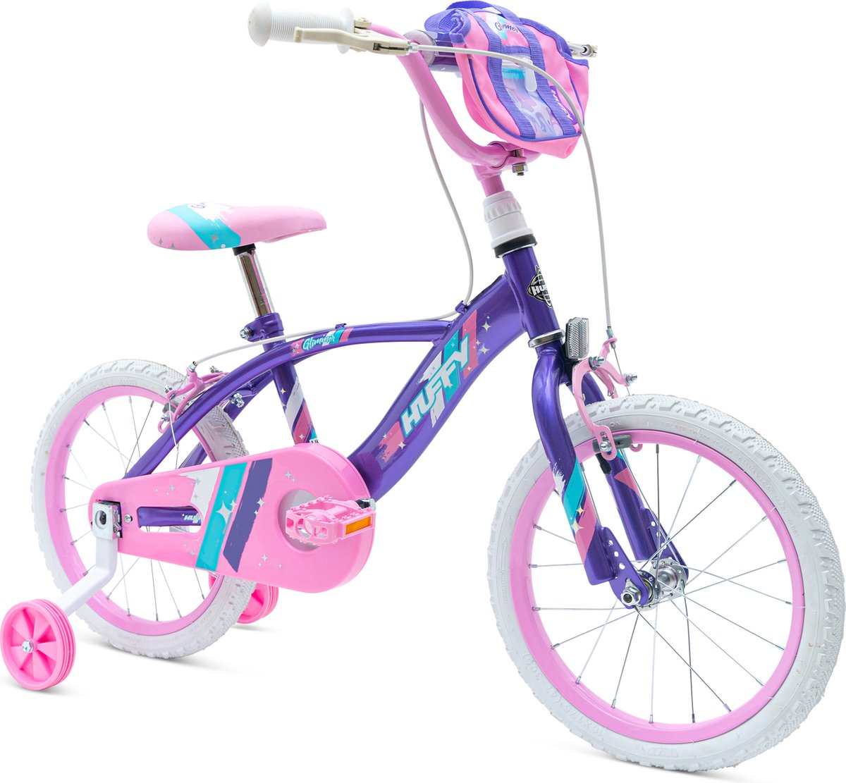 huffy glimmer meisjesfiets 5 7 jaar kinderfiets 16 inch inclusief zijwieltjes paars en roze snelle en makkelijke montage