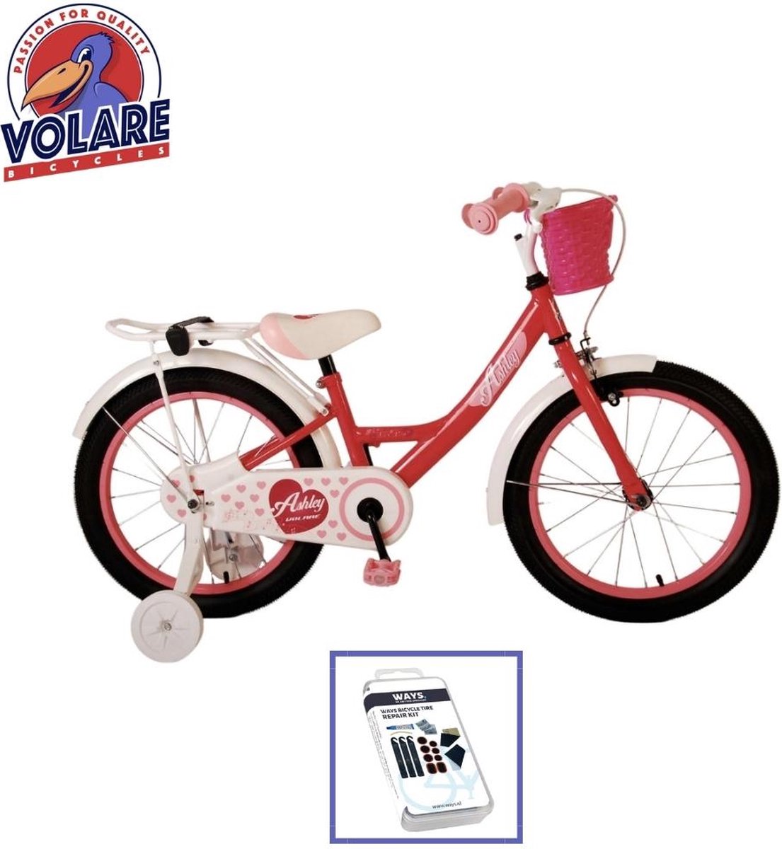 Volare Kinderfiets Ashley - 18 inch - Roze/Rood - Inclusief WAYS Bandenplakset Kinderfiets kopen online
