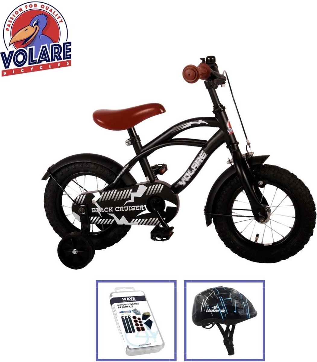 Volare Kinderfiets Black Cruiser - 12 inch - Zwart - Met fietshelm & accessoires Kinderfiets kopen online
