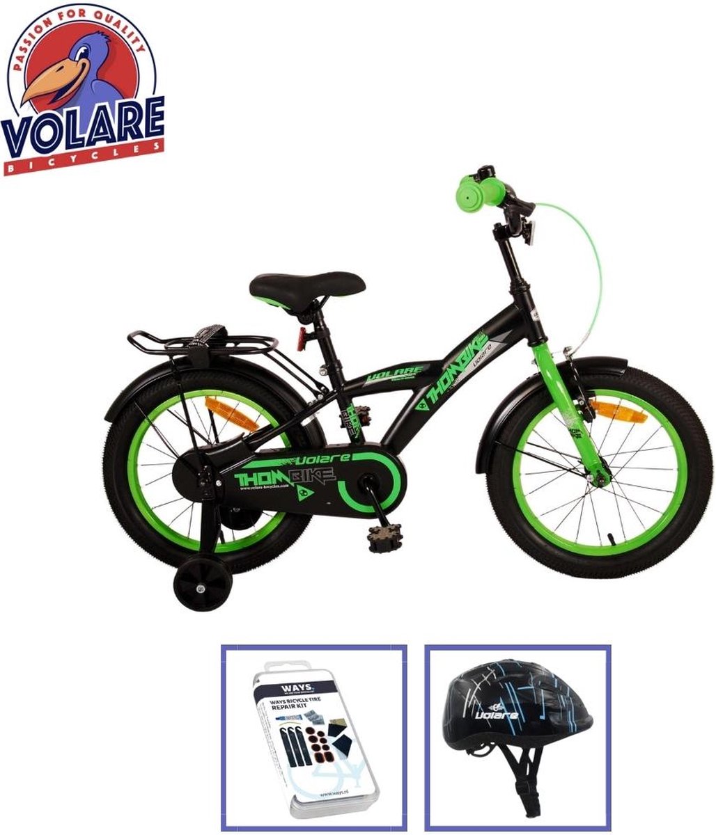 volare kinderfiets thombike 12 inch zwart geel met fietshelm accessoires