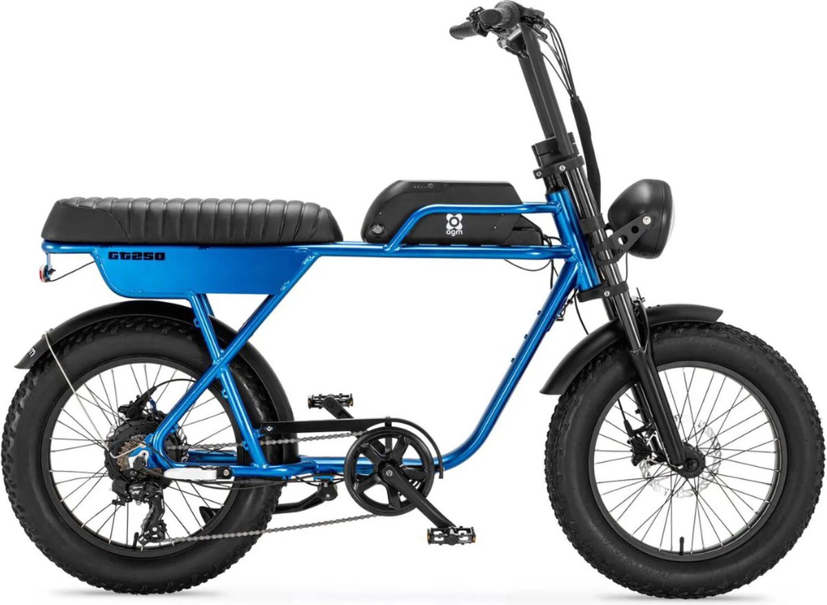 agm gt250 fatbike tweepersoonszadel telefoonoplader 20 inch 250w motor 7 versnellingen 80 km actieradius hydraulische schijfremmen blauw