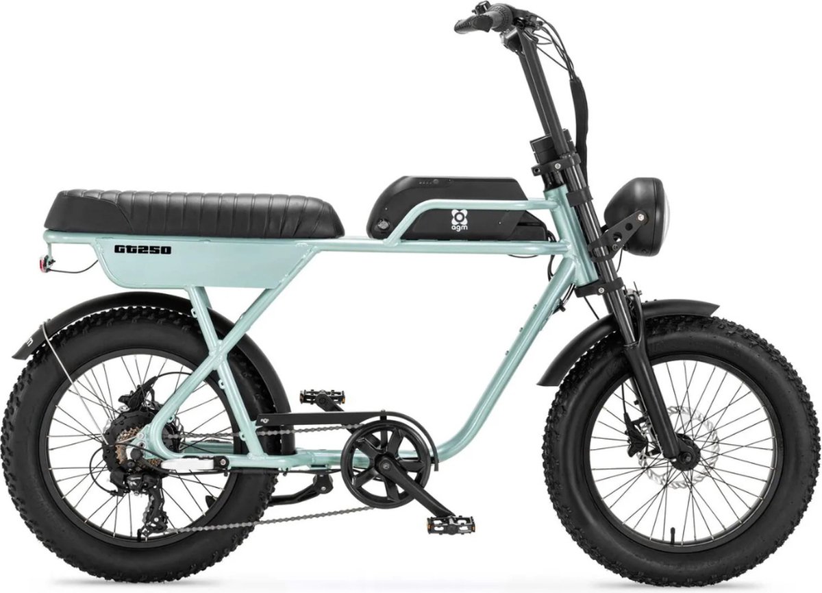 agm gt250 fatbike tweepersoonszadel telefoonoplader 20 inch 250w motor 7 versnellingen 80 km actieradius hydraulische schijfremmen grijs