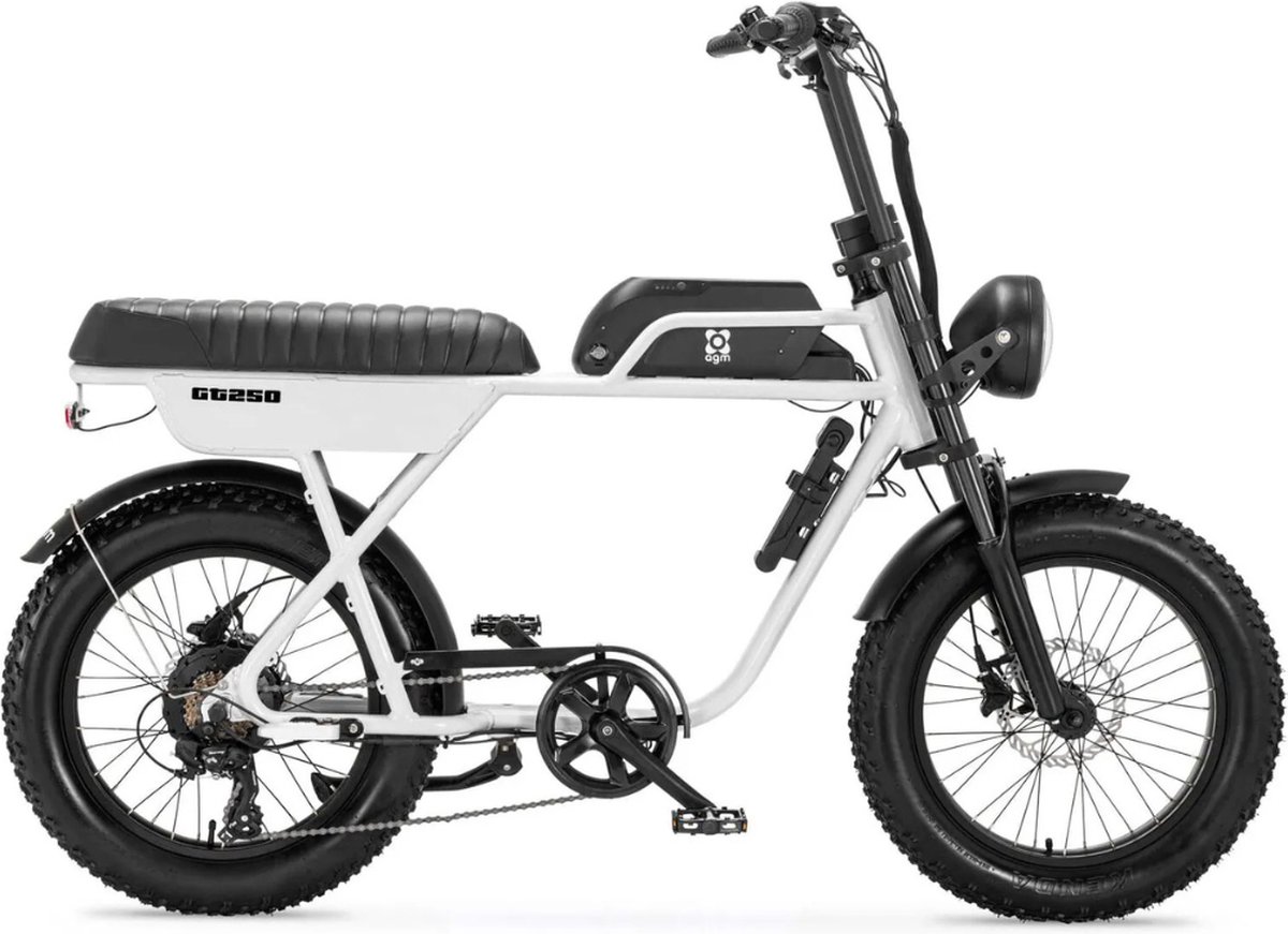 agm gt250 fatbike tweepersoonszadel telefoonoplader 20 inch 250w motor 7 versnellingen 80 km actieradius hydraulische schijfremmen wit