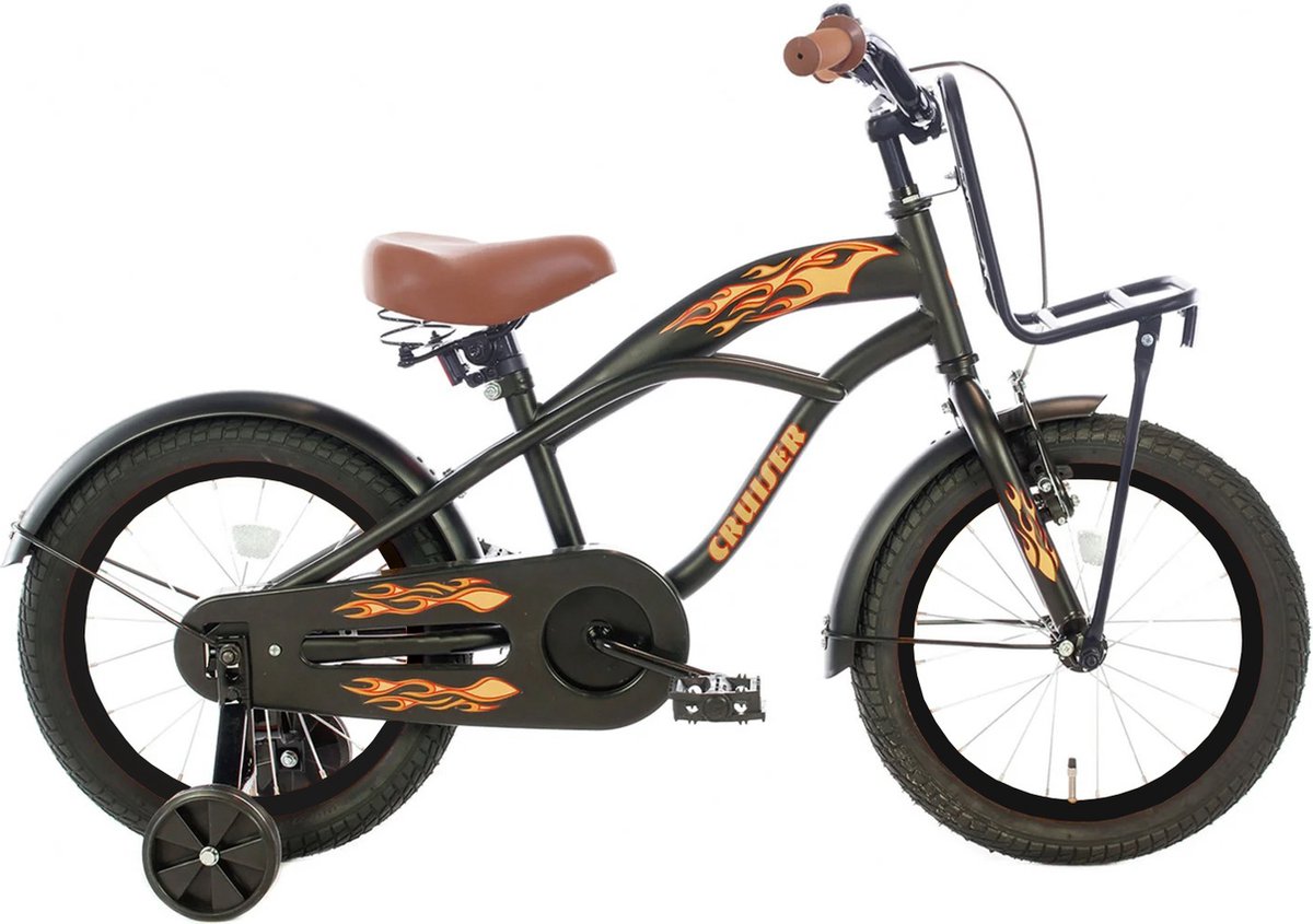 Cortego Cruiser Jongensfiets 16 inch Zwart - Kinderfiets 3, 4 & 5 Jaar - 100-115 cm - Vlammen Kinderfiets kopen online