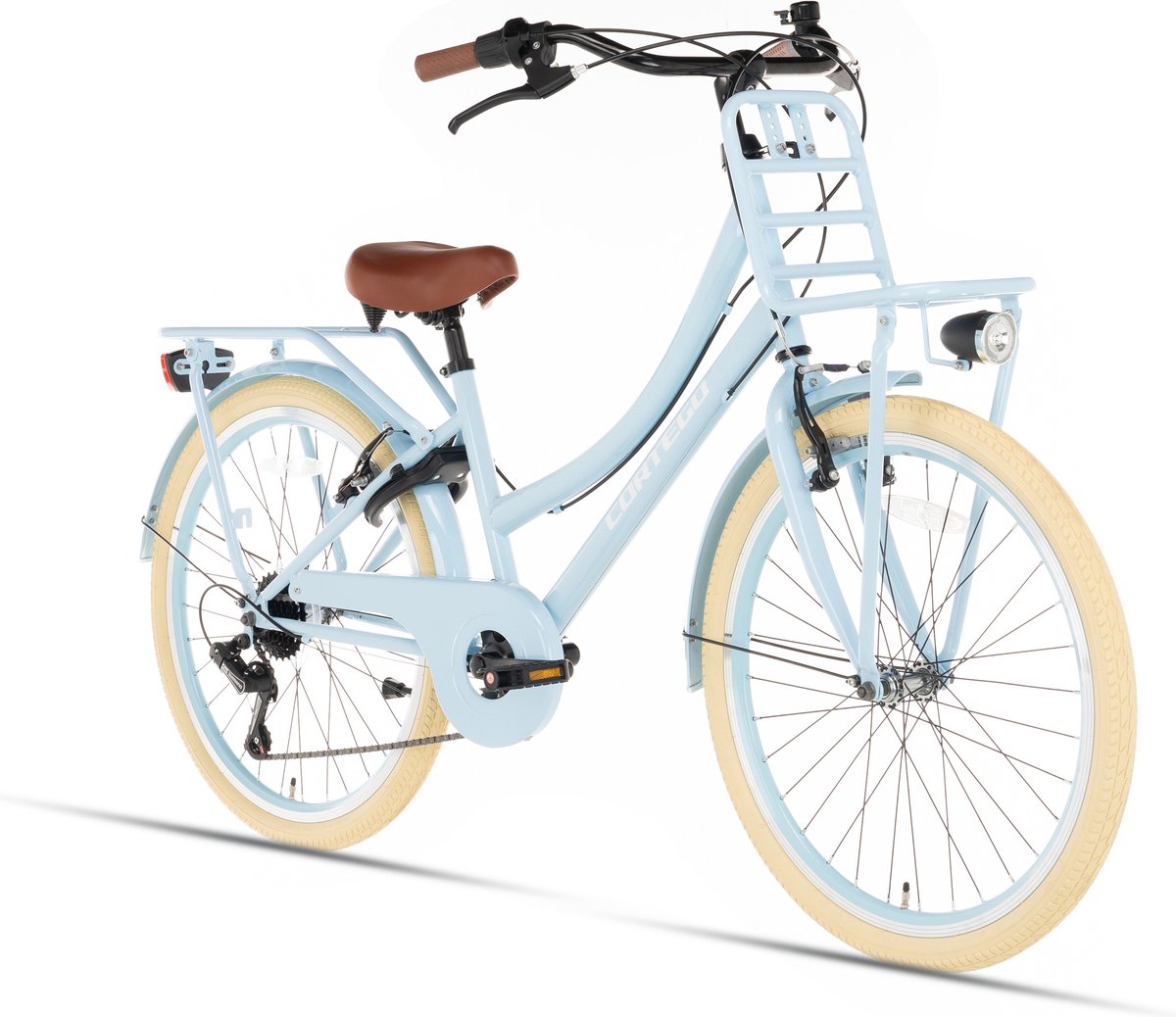 cortego transporter meisjesfiets 22 inch 7 versnellingen blauw kinderfiets shimano 6 7 8 jaar 130 140 cm