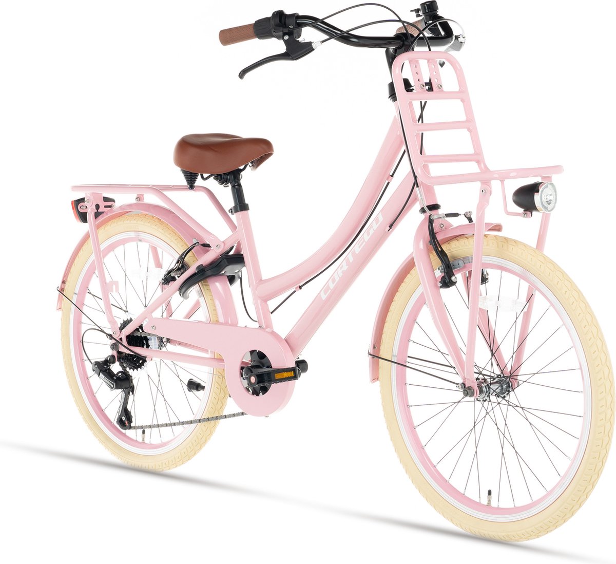 cortego transporter meisjesfiets 22 inch 7 versnellingen roze kinderfiets shimano 6 7 8 jaar 130 140 cm