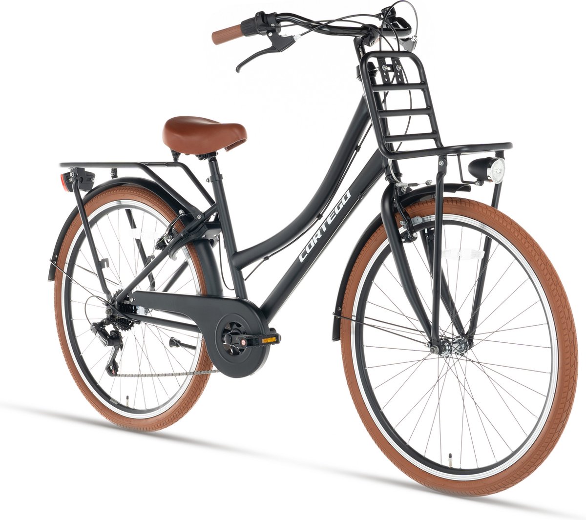 cortego transporter meisjesfiets 24 inch 7 versnellingen mat zwart kinderfiets shimano 7 8 9 10 jaar 135 145 cm