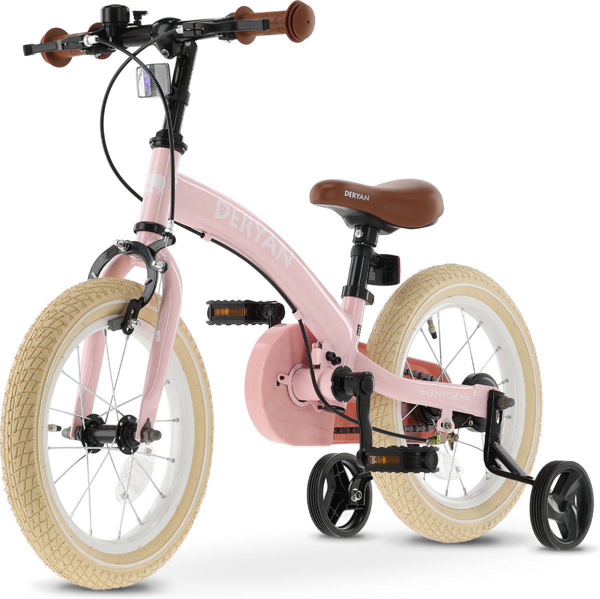 deryan luxe kinderfiets 12 inch 3 in 1 loopfiets roze