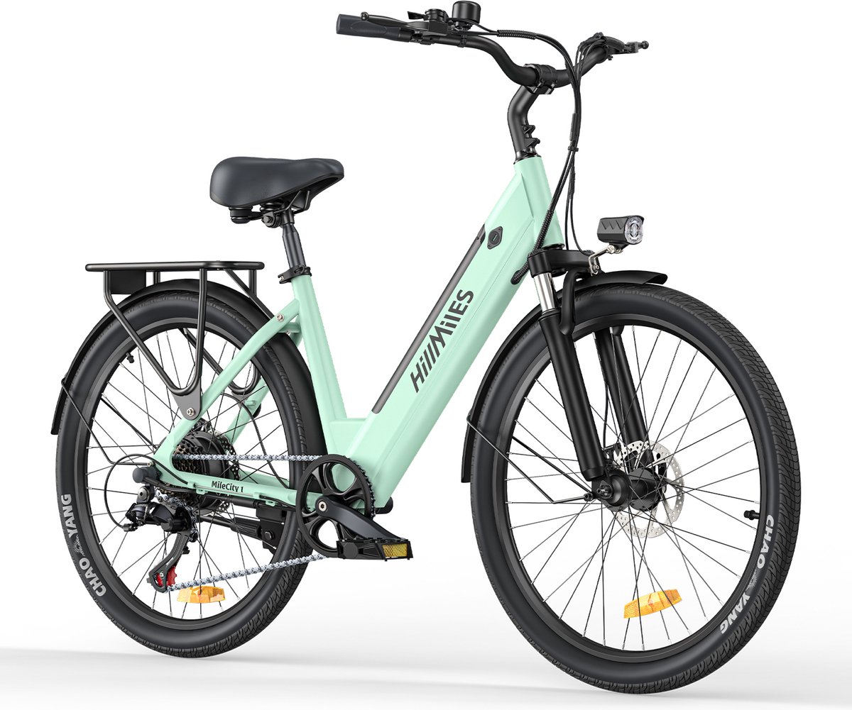hillmiles milecity 1 elektrische fiets actieradius 80km verwijderbare batterij 36v13ah motor 250w shimano 7 versnellingen 26 inch city commuter ebike groen