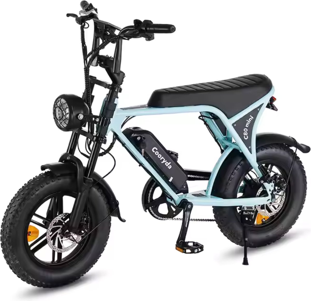 ouxi c80 elektrische mini fatbike ingebouwd alarmsysteem 16 inch 250w motor 7 versnellingen 50 km actieradius mechanische schijfremmen lichtblauw
