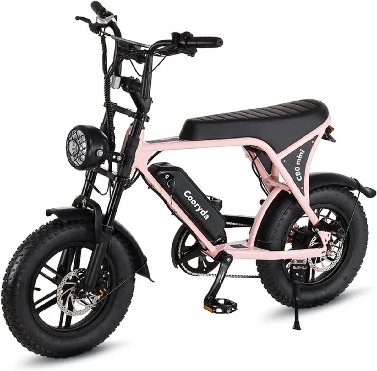 ouxi c80 elektrische mini fatbike ingebouwd alarmsysteem 16 inch 250w motor 7 versnellingen 50 km actieradius mechanische schijfremmen roze