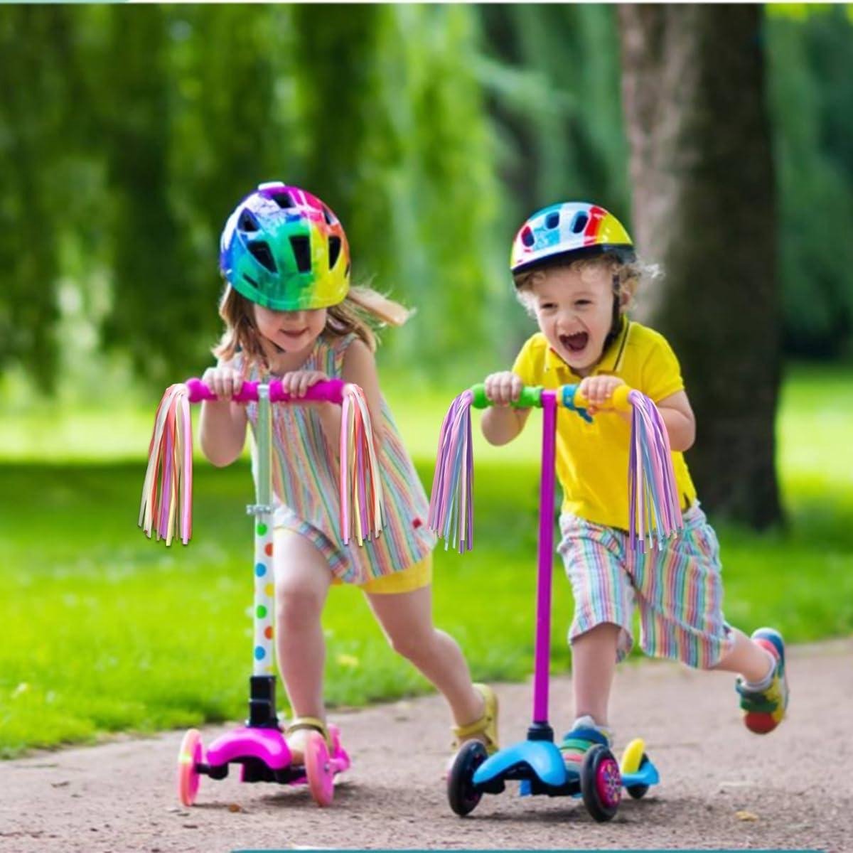 stuurfranjes streamerbandjes kinderfiets luchtslangen kwaststep kleurrijke bandjes meisjes jongens step handgrepen paars roze blauw