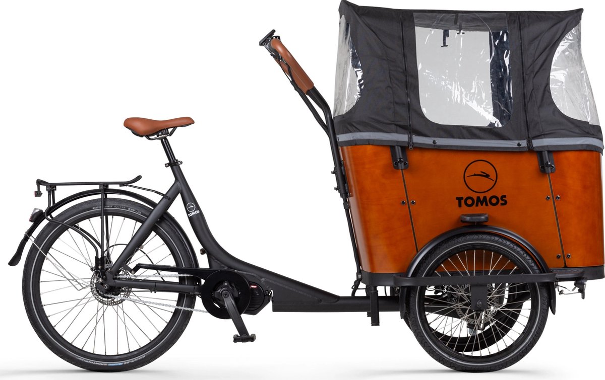 TOMOS E-Cargo 3 N7 - Elektrische Bakfiets - Middenmotor - Zwart / Bruin - Inclusief Huif, Beschermhoes en zitkussens - 100% Rijklaar Fiets (elektrisch) kopen online