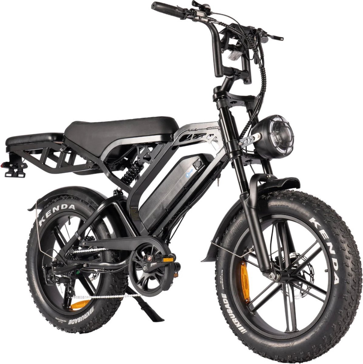 v20 pro fatbike ingebouwd alarmsystseem gratis achterzitje gratis voetsteuntjes gratis telefoontasje 20 inch 250w motor 7 versnellingen 60 km actieradius hydraulische schijfremmen zwart
