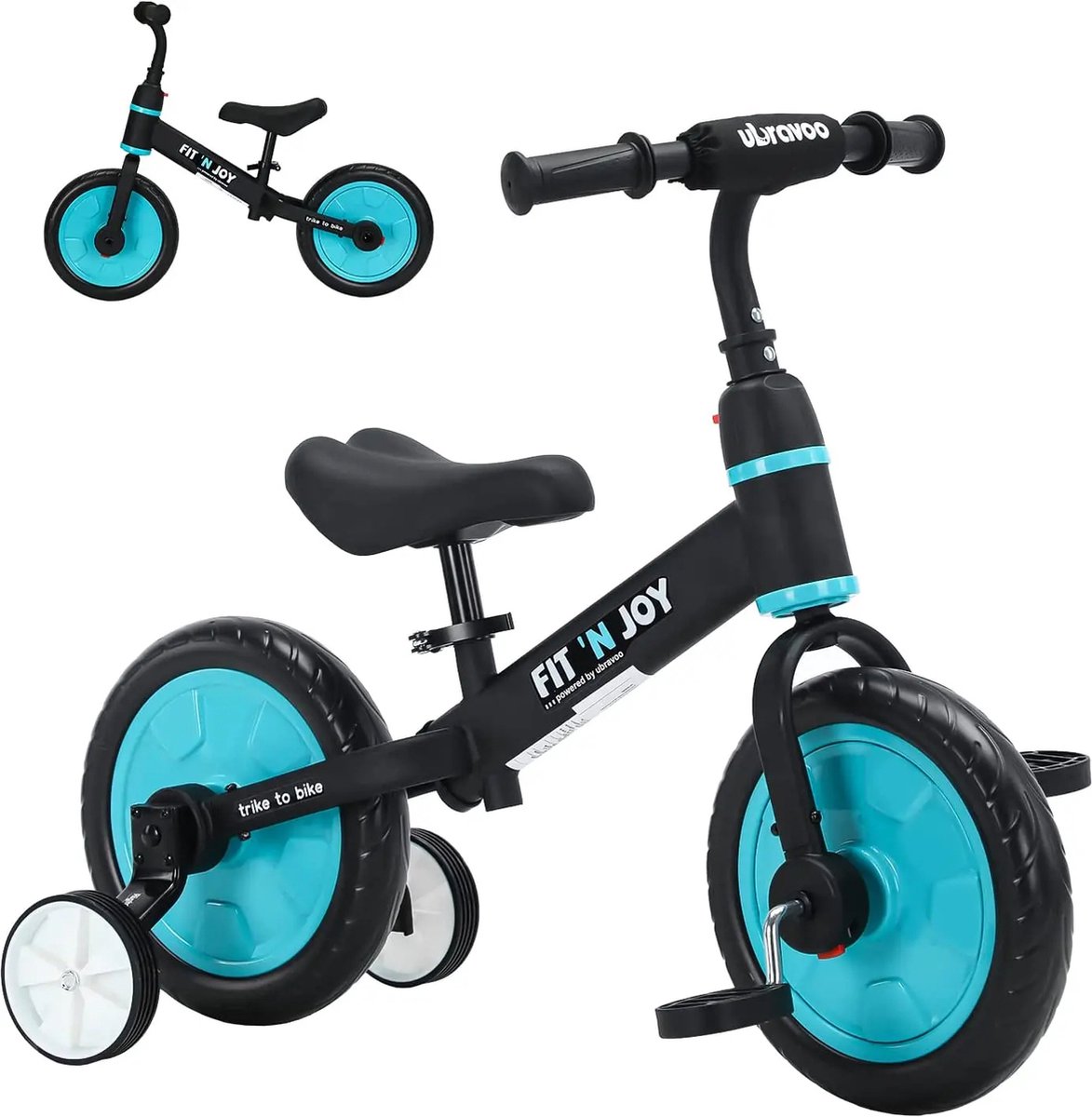 4 in 1 Kinderfietsen - Kinderfiets 12 inch - Loopfiets - Zeiwieltjes - Blauw Zwart - Tot 30KG - 63x76x37cm Kinderfiets kopen online