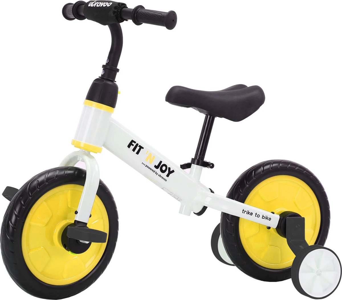 4 in 1 Kinderfietsen - Kinderfiets 12 inch - Loopfiets - Zeiwieltjes - Geel wit - Tot 30KG - 63x76x37cm Kinderfiets kopen online