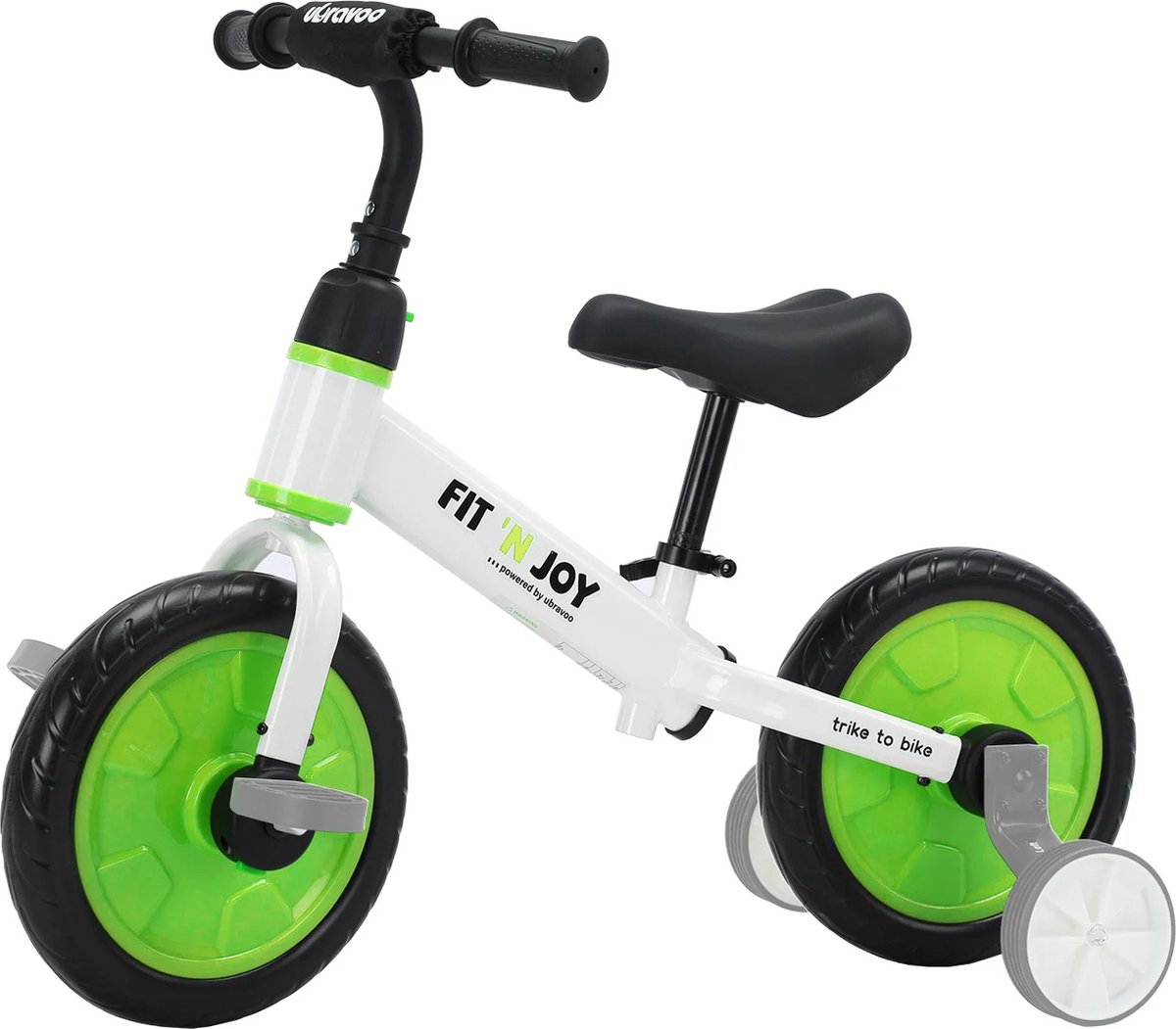 4 in 1 Kinderfietsen - Kinderfiets 12 inch - Loopfiets - Zeiwieltjes - Groen wit - Tot 30KG - 63x76x37cm Kinderfiets kopen online