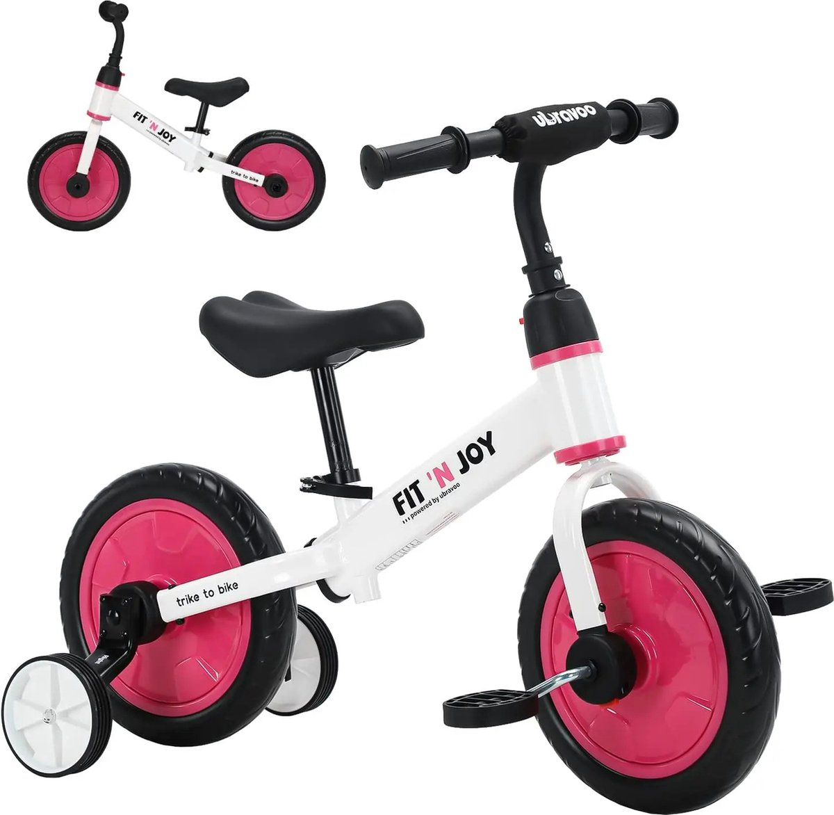 4 in 1 Kinderfietsen - Kinderfiets 12 inch - Loopfiets - Zeiwieltjes - Roze wit - Tot 30KG - 63x76x37cm Kinderfiets kopen online