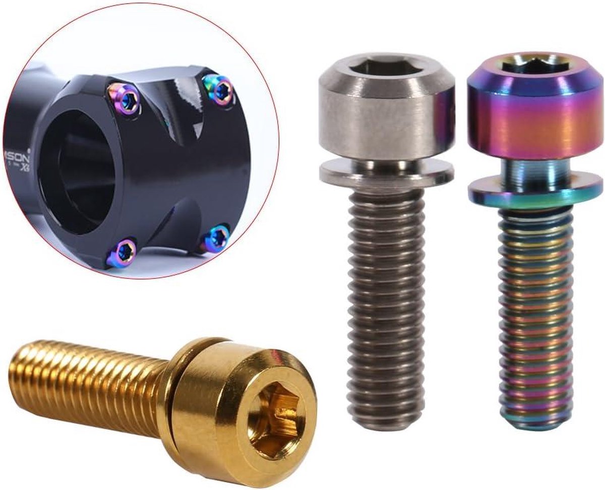 6pcs titanium alloy bicycle hex tapered head screws top cap cover bolt with washers for mtb bike golden html content needed