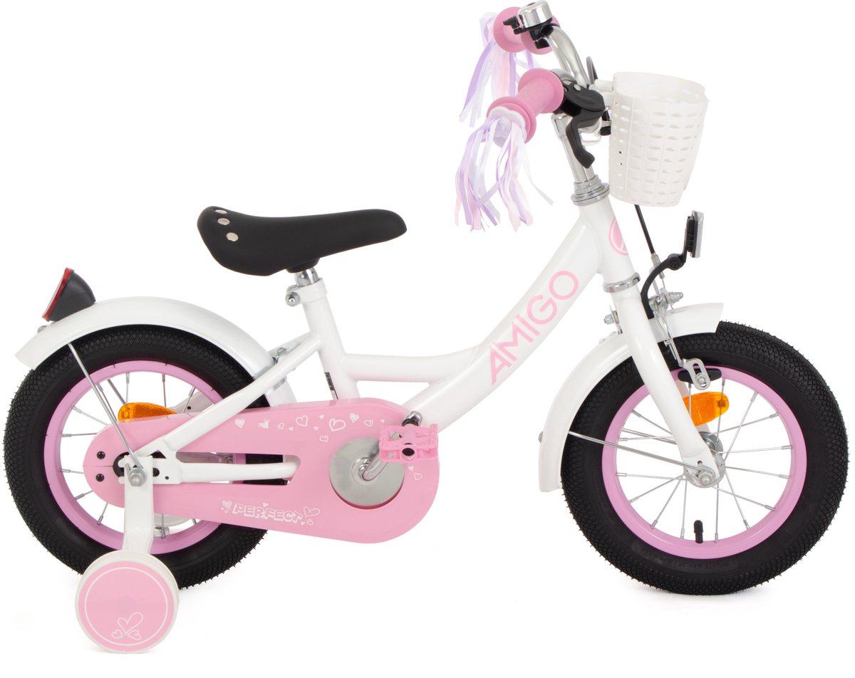 AMIGO Perfect Meisjesfiets - Kinderfiets voor Meisjes - 12 Inch 21 cm - Terugtraprem - Wit/Roze Kinderfiets kopen online