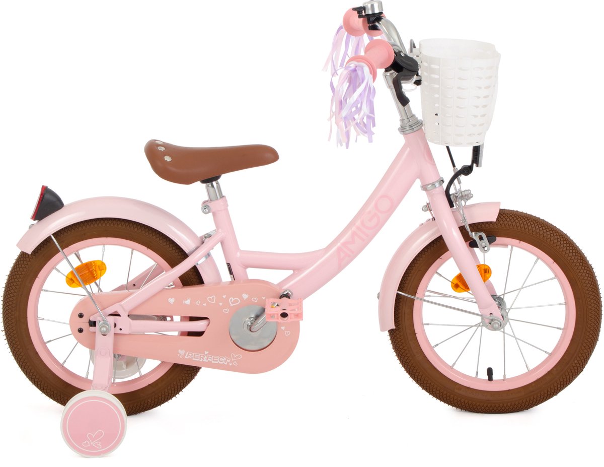 amigo perfect meisjesfiets kinderfiets voor meisjes 14 inch 22 cm terugtraprem roze
