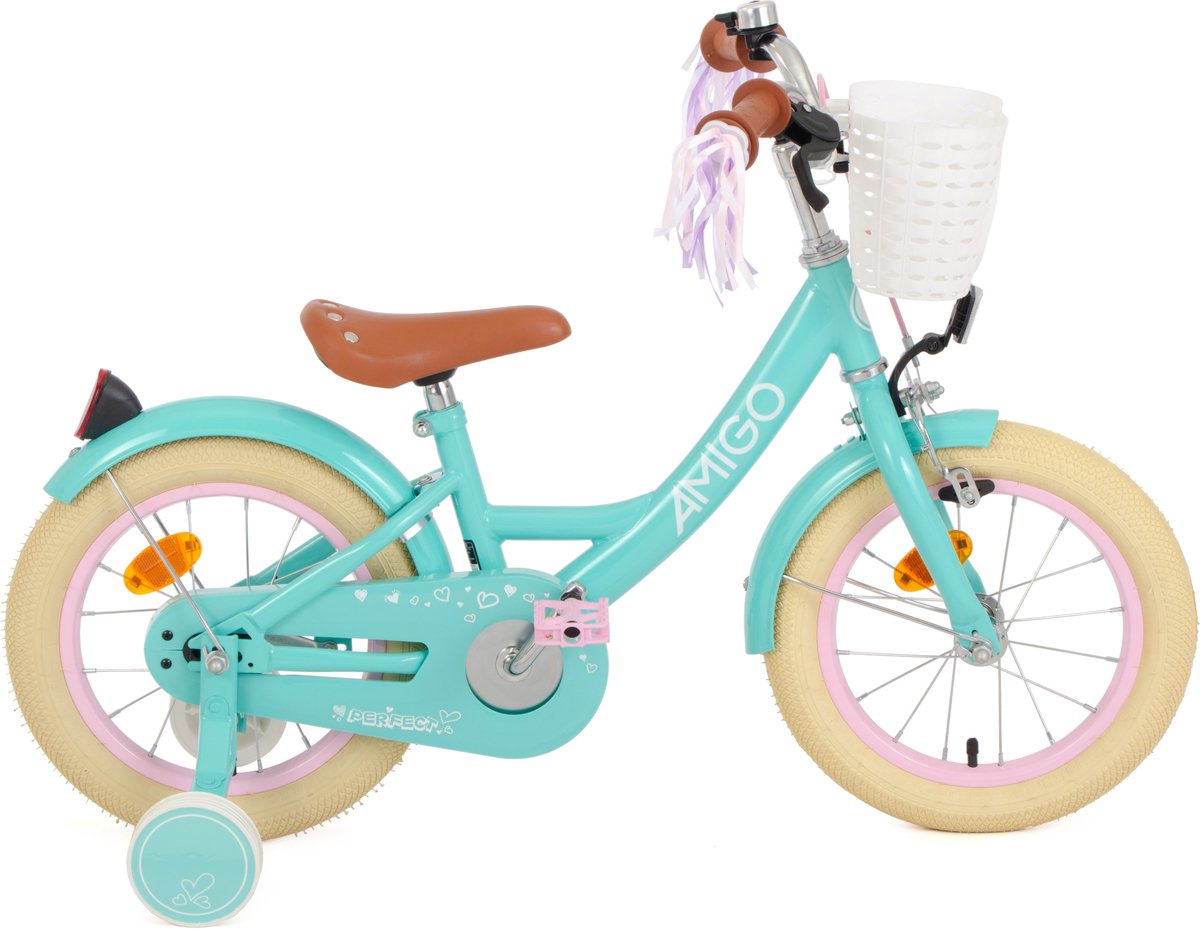 AMIGO Perfect Meisjesfiets - Kinderfiets voor Meisjes - 14 Inch 22 cm - Terugtraprem - Turquoise Kinderfiets kopen online