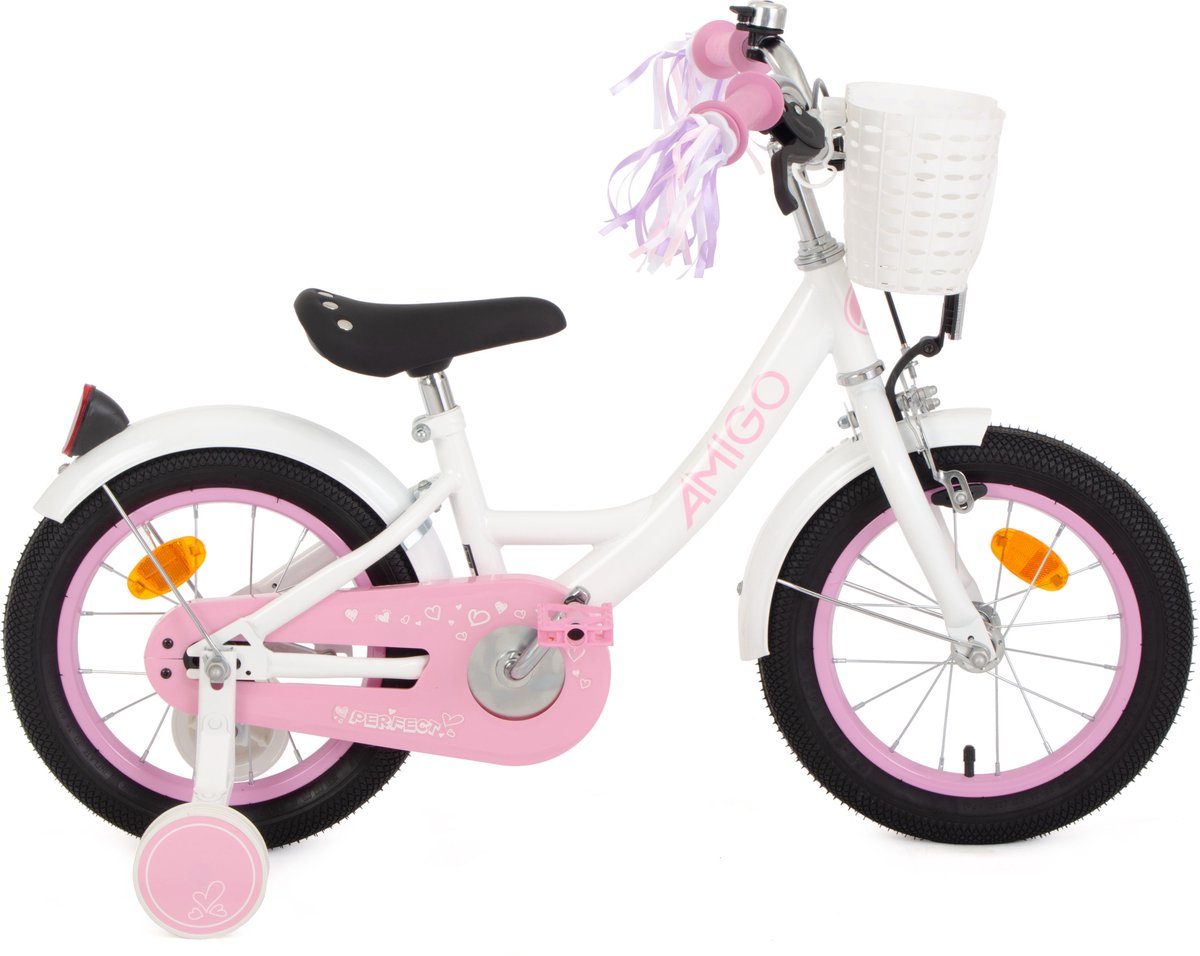AMIGO Perfect Meisjesfiets - Kinderfiets voor Meisjes - 14 Inch 22 cm - Terugtraprem - Wit/Roze Kinderfiets kopen online